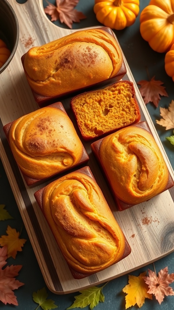 Mini Pumpkin Bread Loaves Recipe Four mini pumpkin bread loaves on a wooden board, garnished with cinnamon and surrounded by autumn decor.
